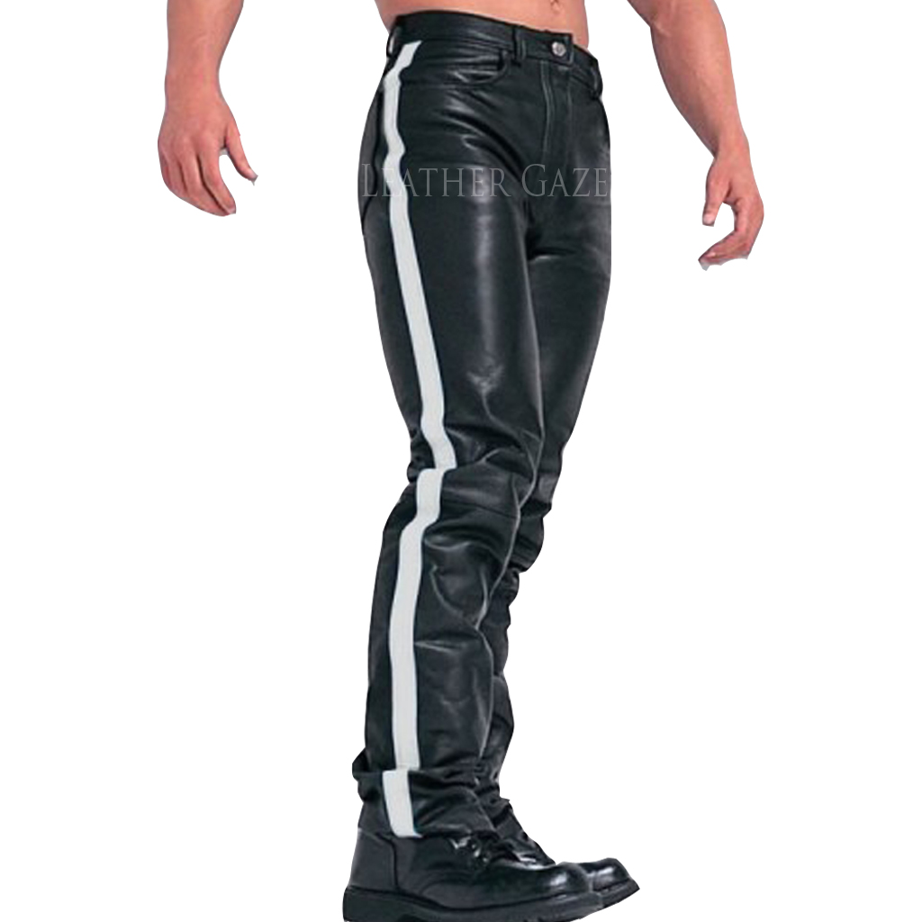 WHITE STRIPES MEN BIKER LEATHER PANTS